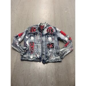 Copper Rivet Icon Denim Distressed Jean Jacket Mens L Red Black Trucker Y2K 90s